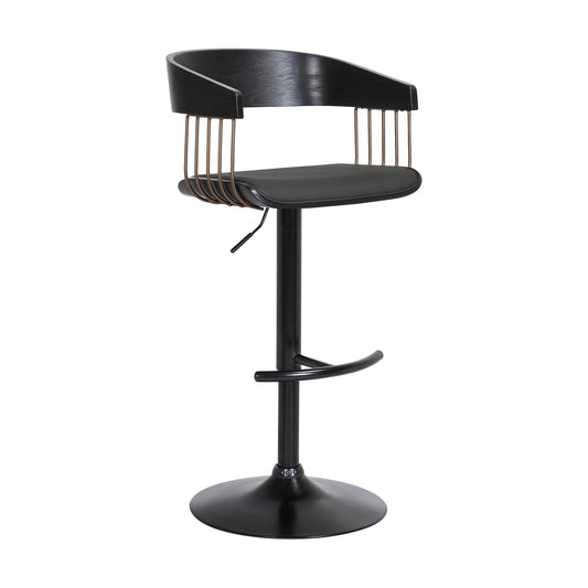 Larisa Adjustable Wood Bar Stool in Faux Leather with Golden Bronze and Black Metal