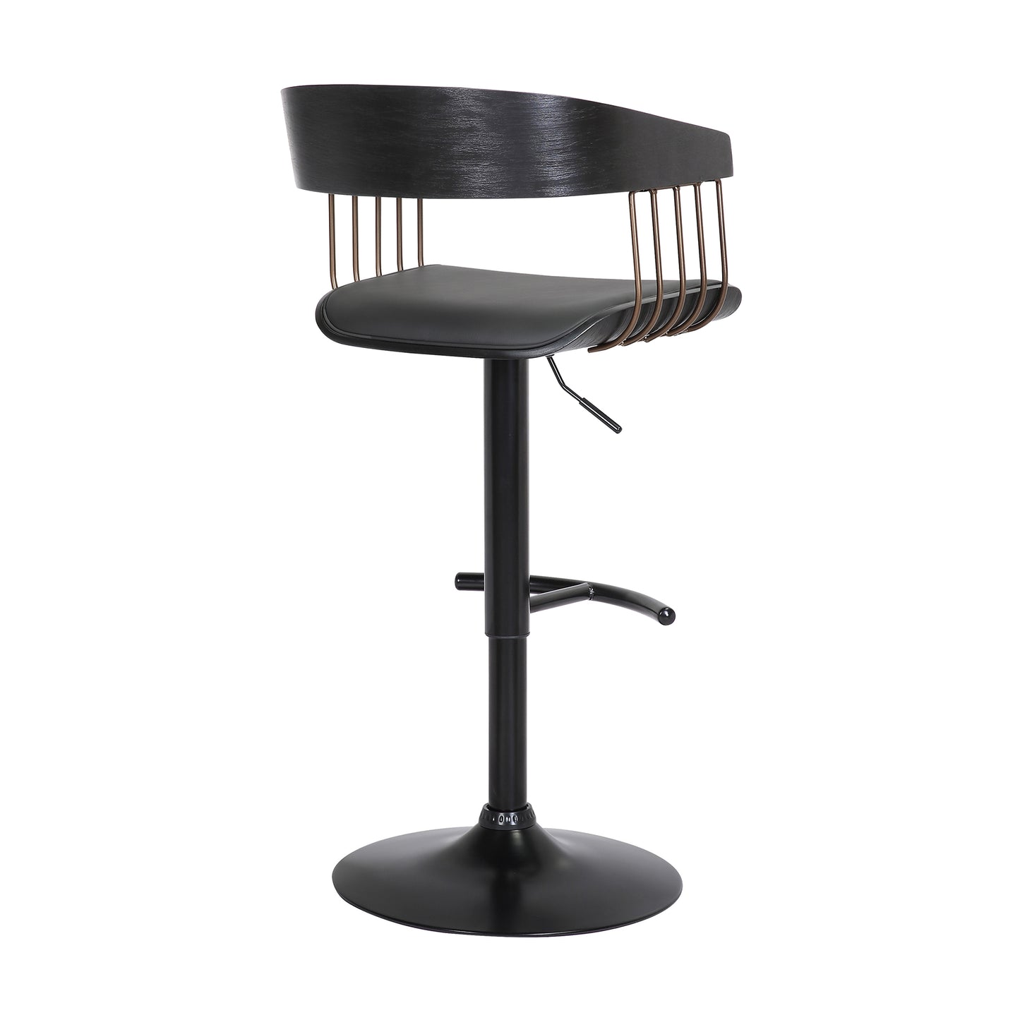 Larisa Adjustable Wood Bar Stool in Faux Leather with Golden Bronze and Black Metal