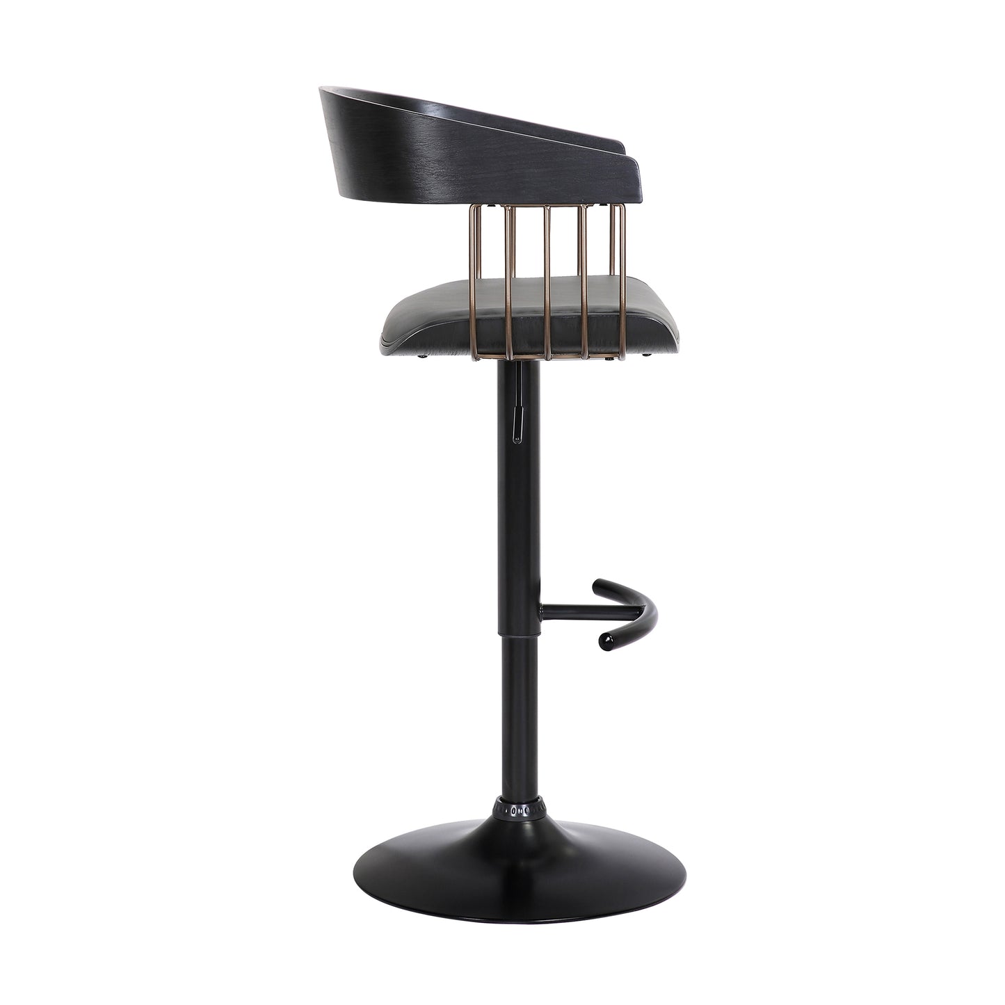 Larisa Adjustable Wood Bar Stool in Faux Leather with Golden Bronze and Black Metal