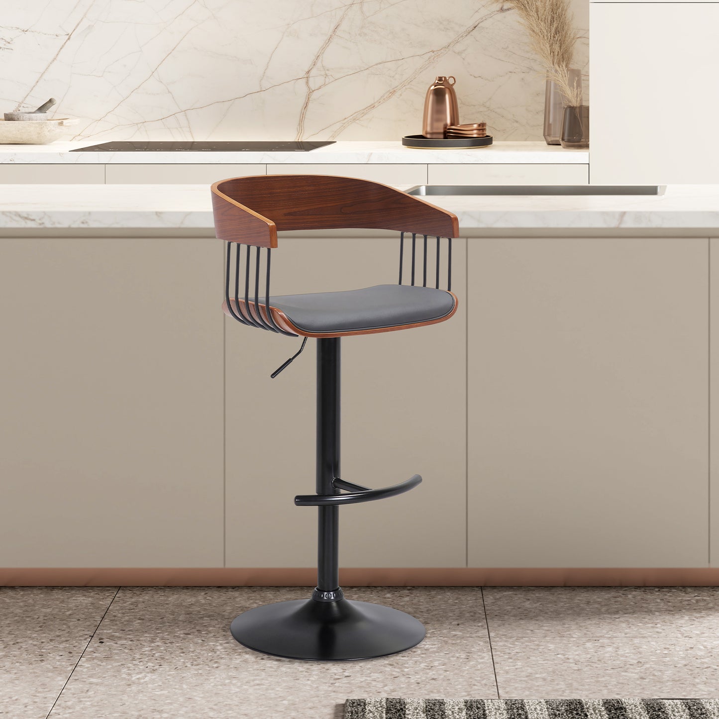 Larisa Adjustable Wood Bar Stool in Faux Leather with Golden Bronze and Black Metal