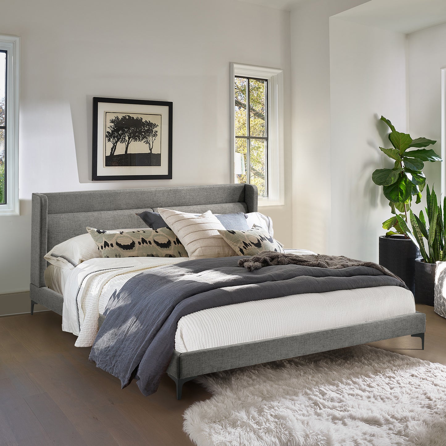 Legend Gray Fabric Platform Bed with Black Metal Legs