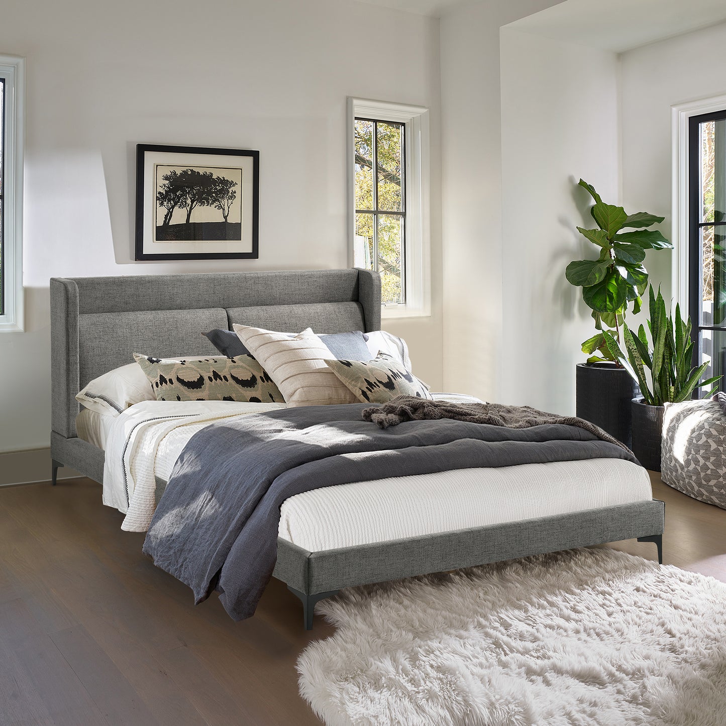 Legend Gray Fabric Platform Bed with Black Metal Legs