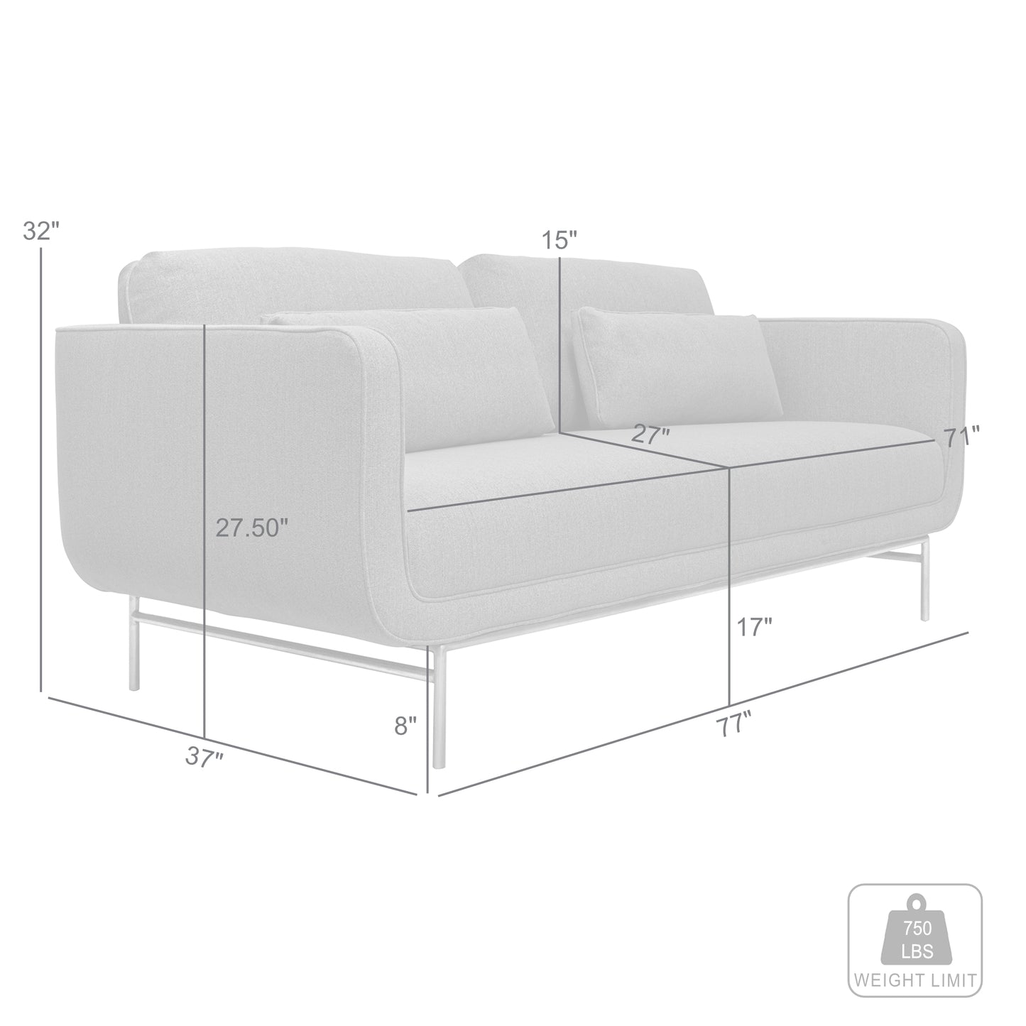 Lilou 77" Sofa with Antique Brass Metal Legs in Fabric and Velvet Options
