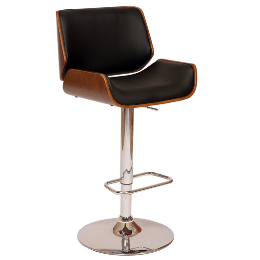 London Faux Leather Adjustable Height Swivel Walnut Wood and Chrome Bar Stool