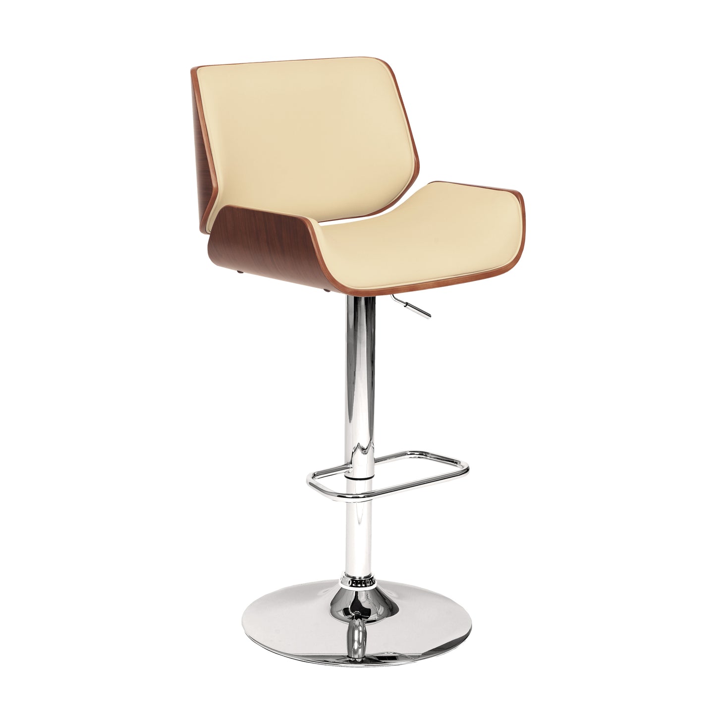 London Faux Leather Adjustable Height Swivel Walnut Wood and Chrome Bar Stool