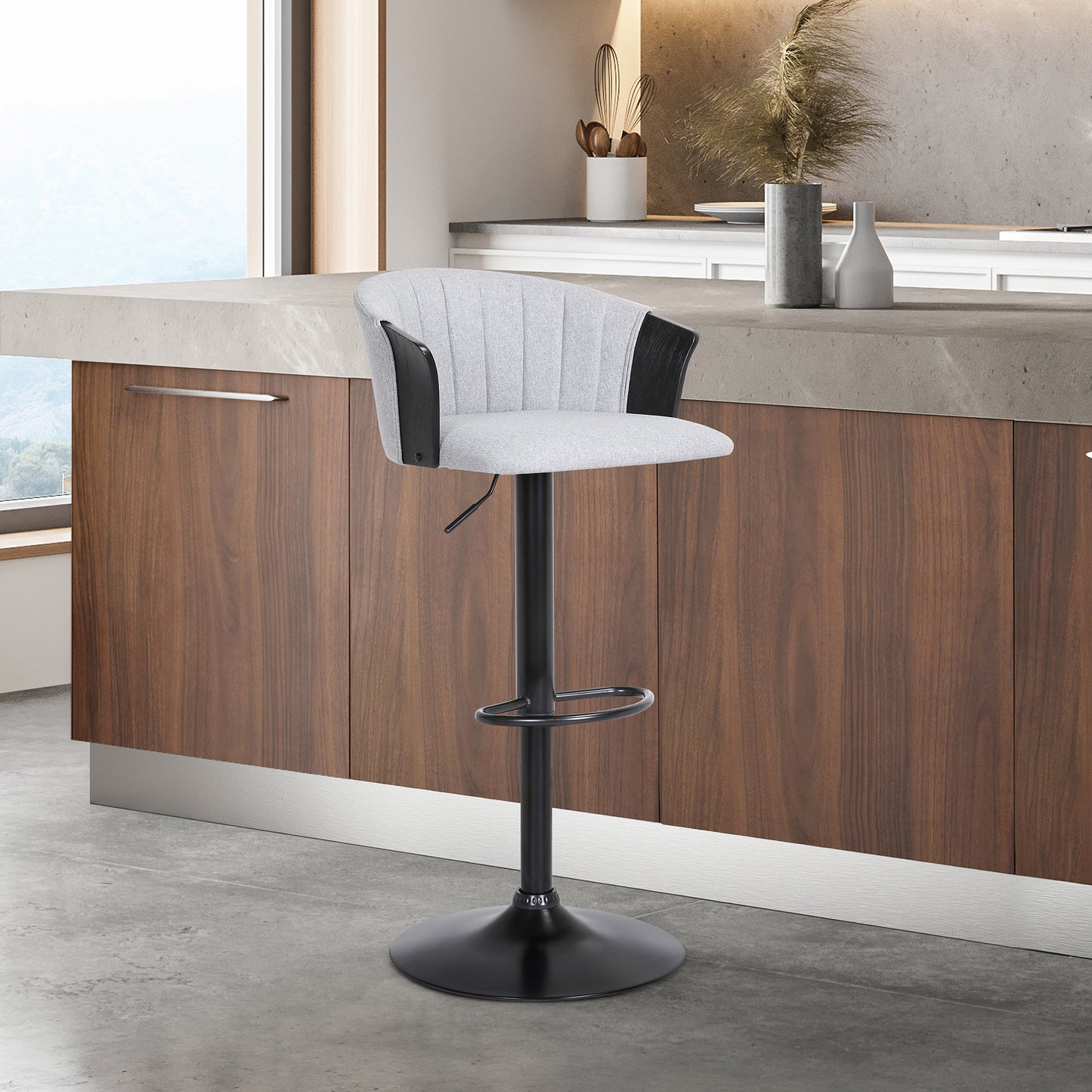 Lydia Adjustable Wood Bar Stool with Faux Leather and Black Metal