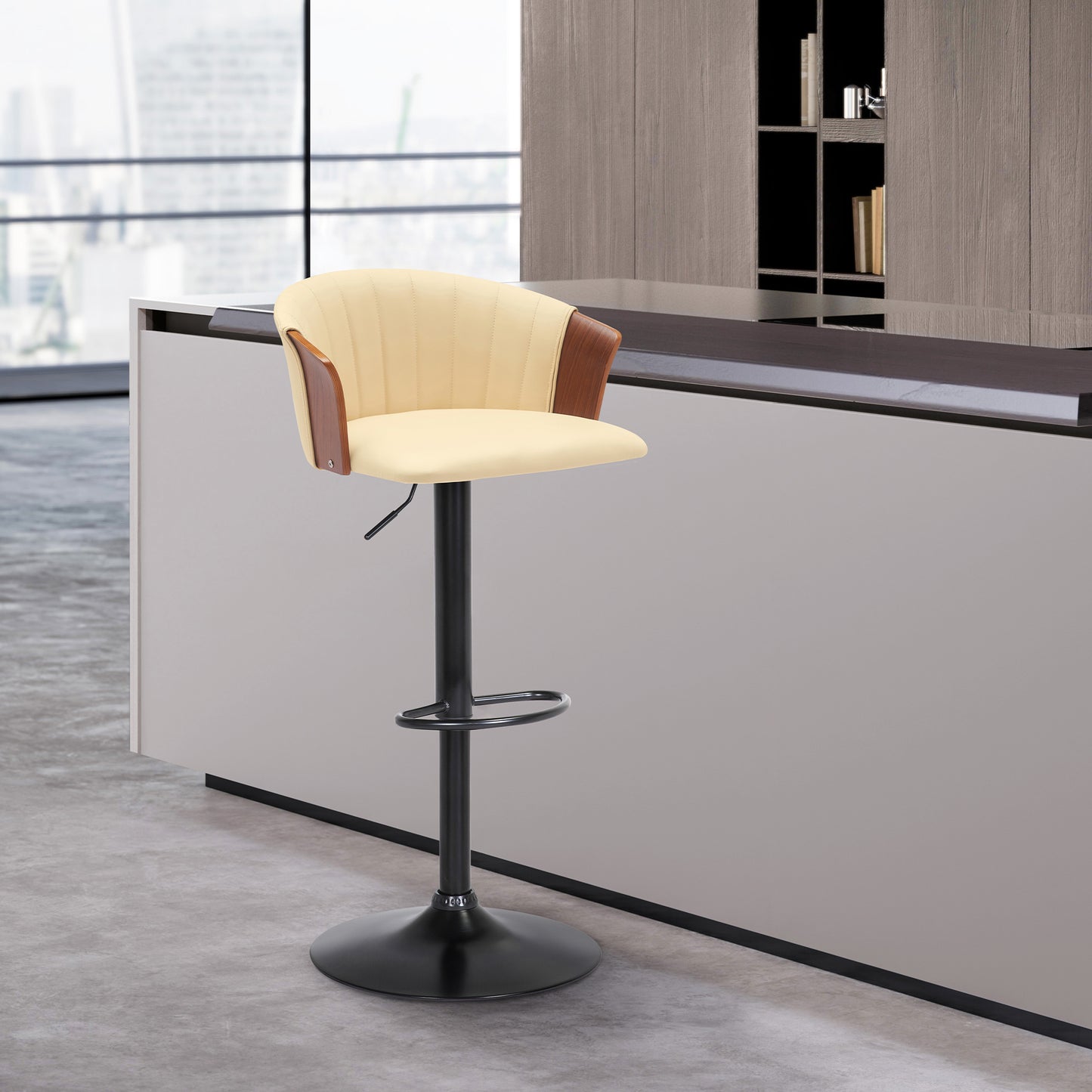 Lydia Adjustable Wood Bar Stool with Faux Leather and Black Metal