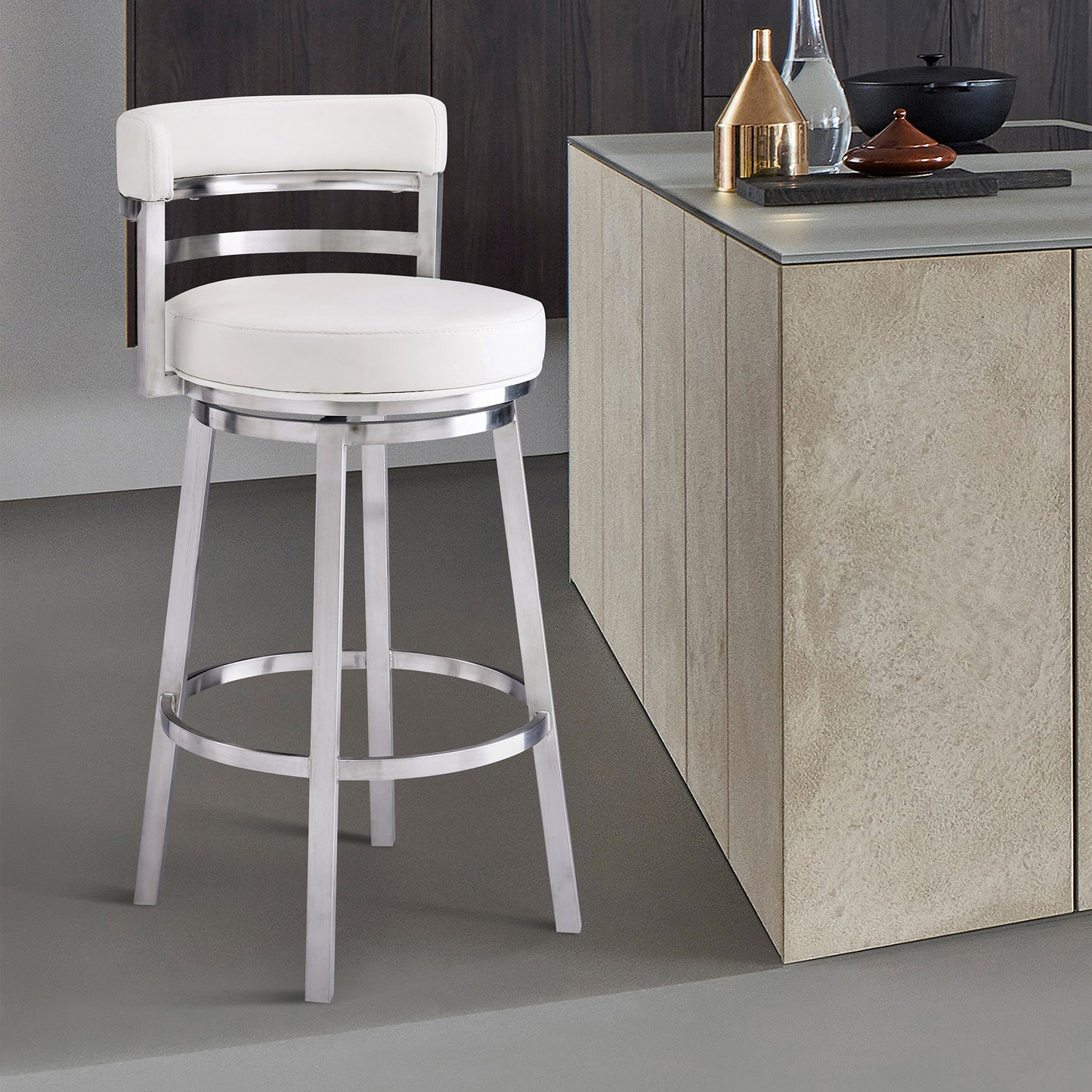 Madrid Bar and Counter Height Swivel Faux Leather and Brushed Stainless Steel Bar Stool