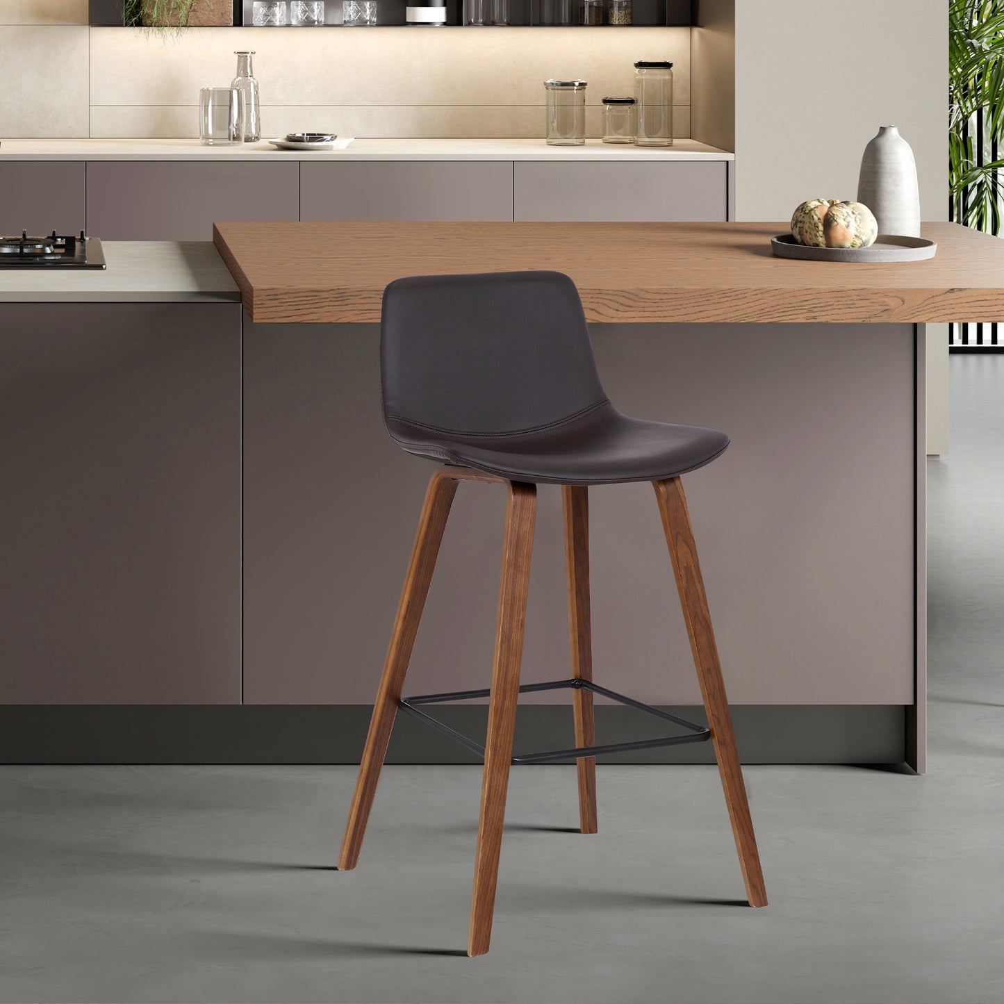 Maddie Contemporary 26" Barstool in Walnut Wood Finish and Brown Faux Leather
