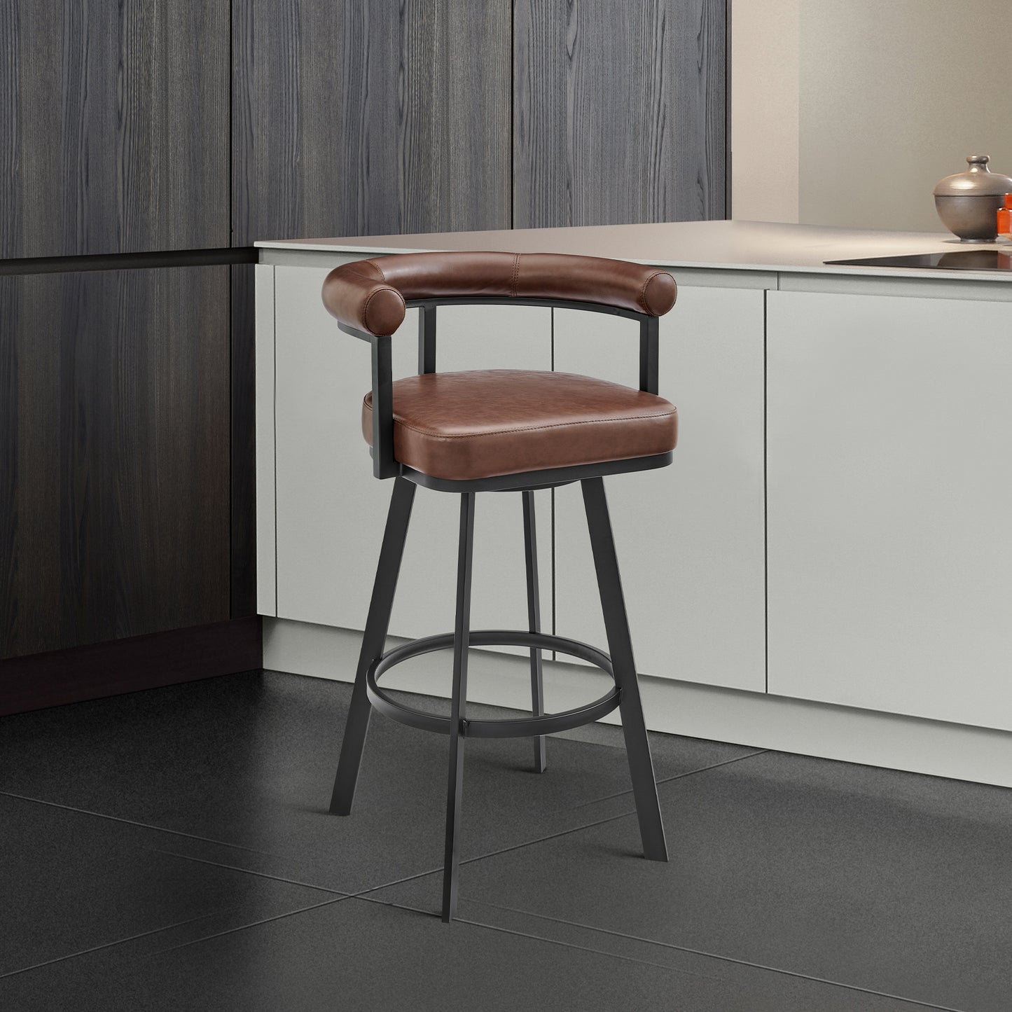 Magnolia Swivel Counter and Bar Stools in Metal and Faux Leather