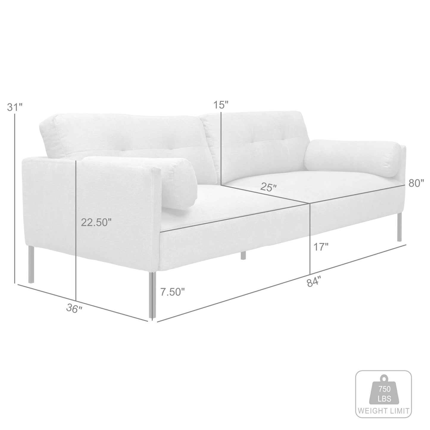 Michalina 84" Sofa with Black Metal Legs in Fabric and Velvet Options