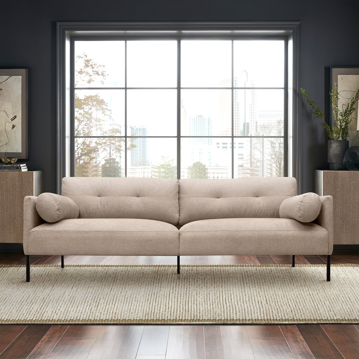 Michalina 84" Sofa with Black Metal Legs in Fabric and Velvet Options