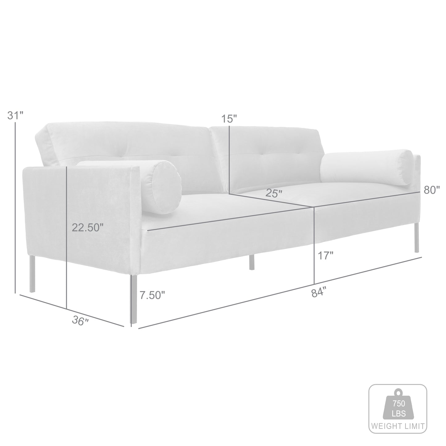 Michalina 84" Sofa with Black Metal Legs in Fabric and Velvet Options