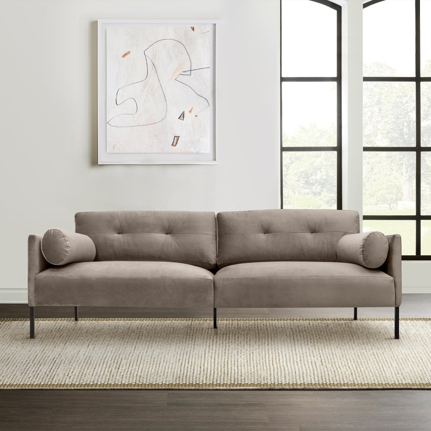 Michalina 84" Sofa with Black Metal Legs in Fabric and Velvet Options
