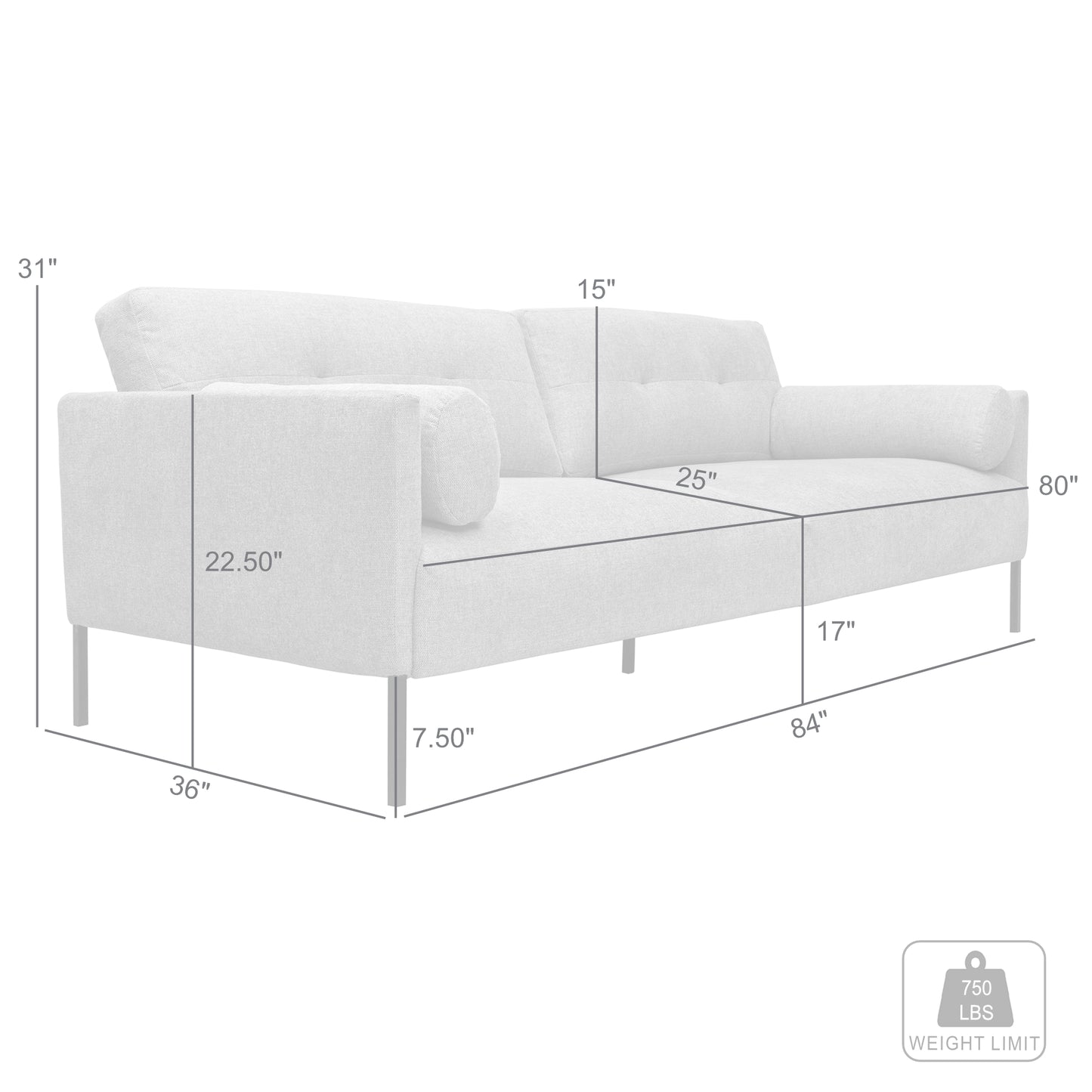 Michalina 84" Sofa with Black Metal Legs in Fabric and Velvet Options
