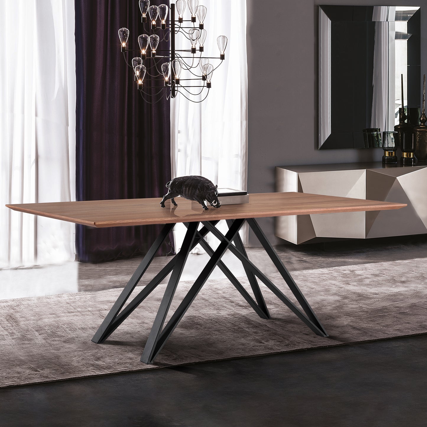 Modena Contemporary Dining Table in Matte Black Finish and Walnut Wood Top