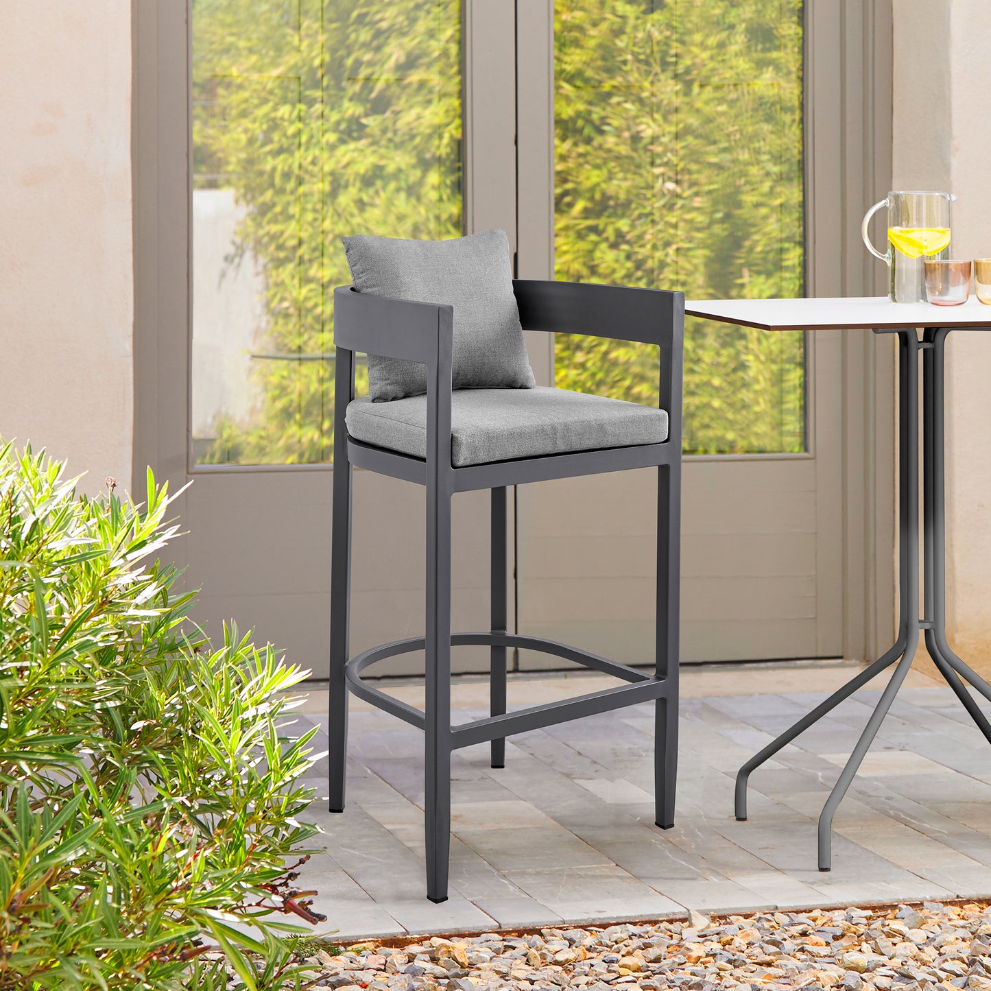 Menorca Outdoor Patio Bar Stool in Aluminum with Cushions