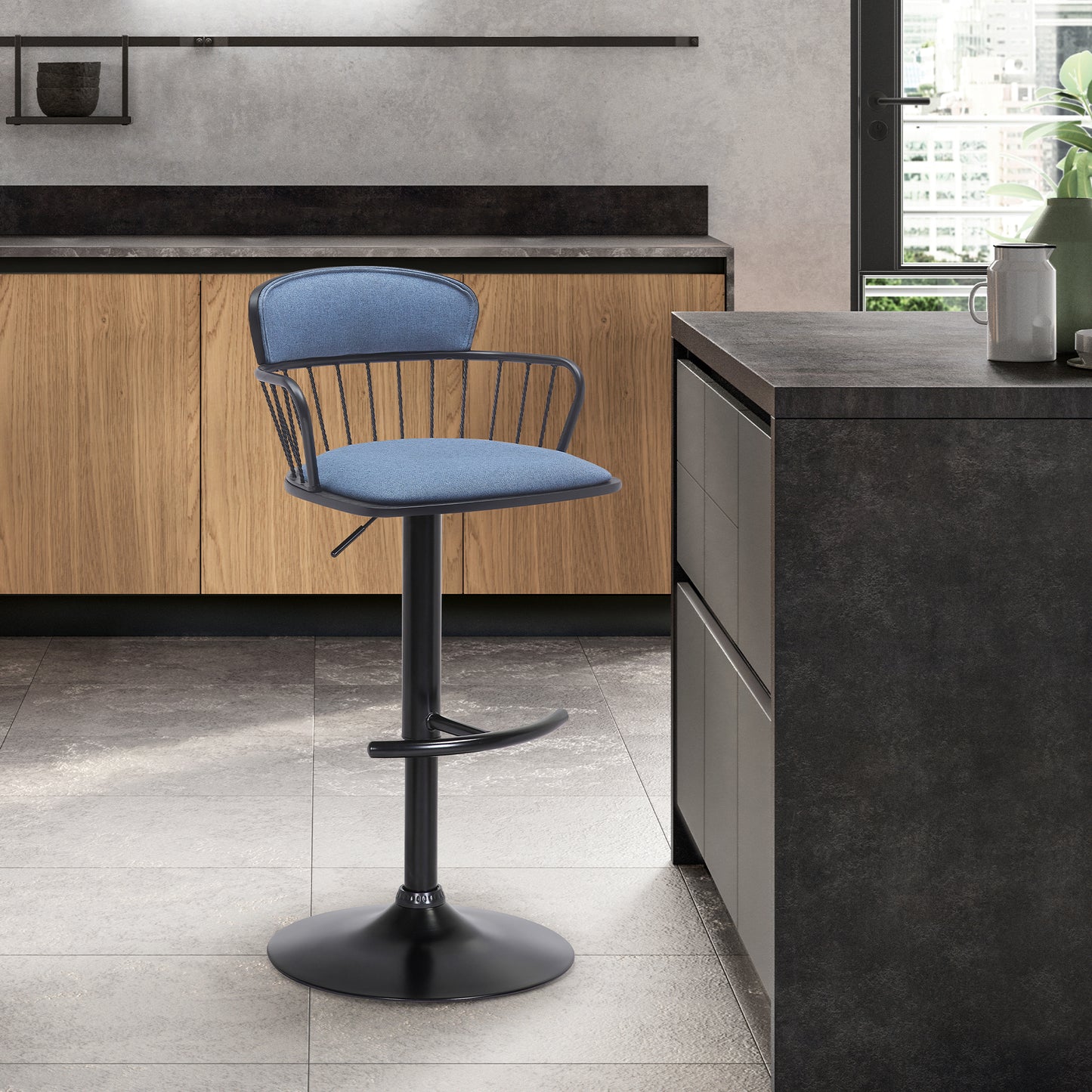 Nash Adjustable Black Wood Bar Stool with Black Metal Base