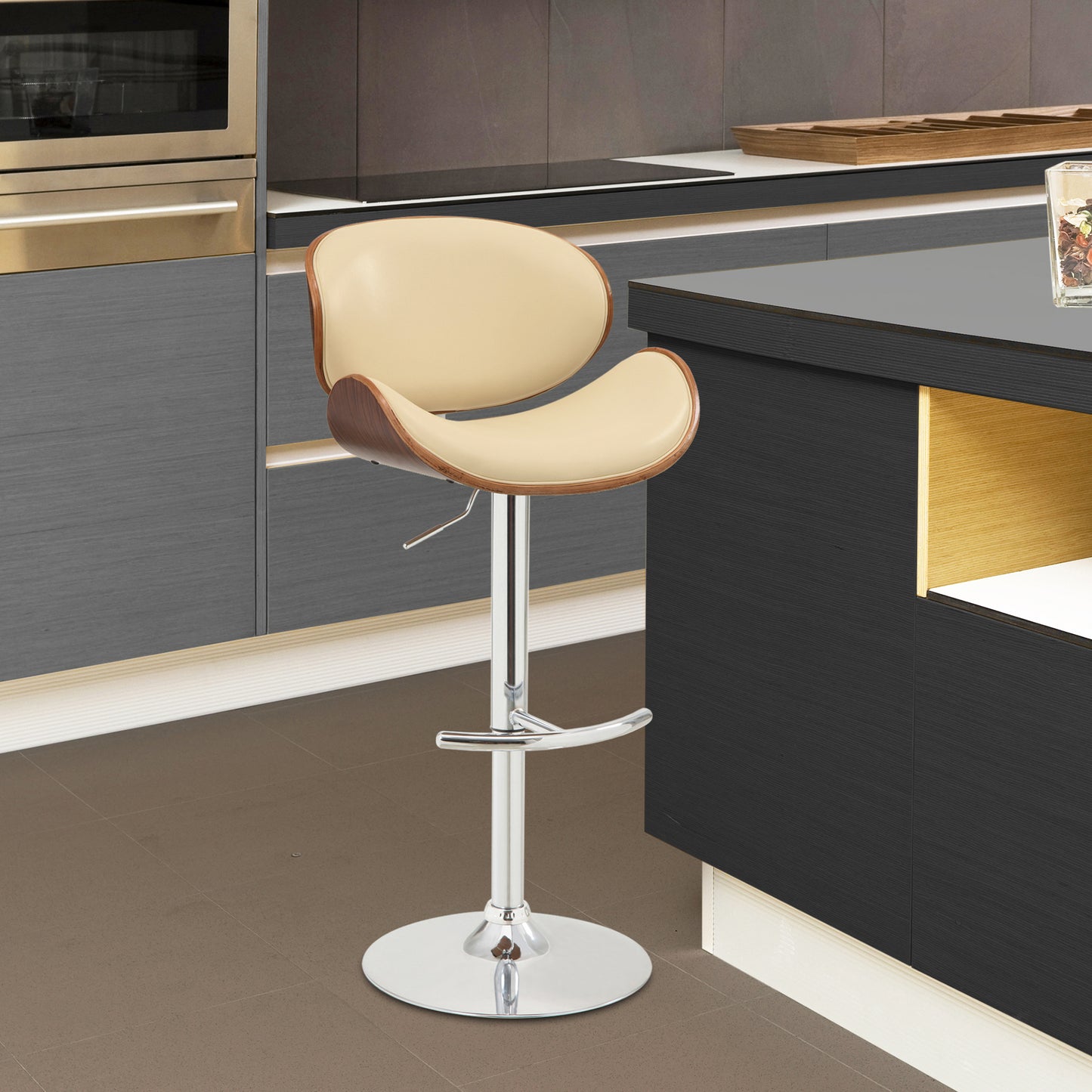 Naples Faux Leather Adjustable Height Swivel Walnut Wood and Chrome Base Bar Stool