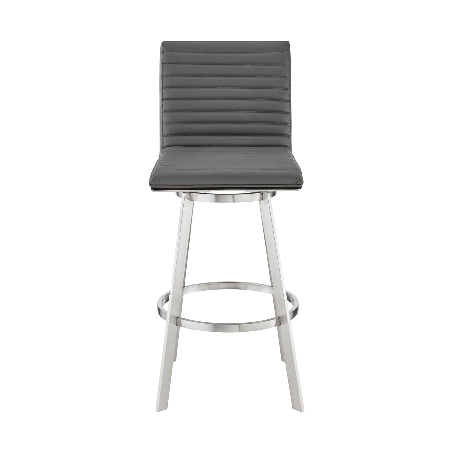 Nikole 30" Bar Height Black Swivel Bar Stool in Brushed Stainless Steel Finish and Gray Faux Leather