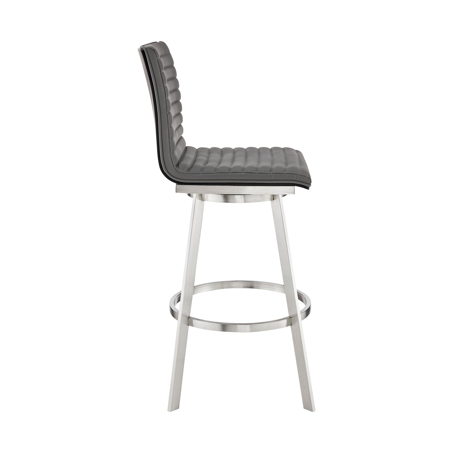 Nikole Swivel Bar Stool in Various Heights with Gray Faux Leather and Stylish Finishes