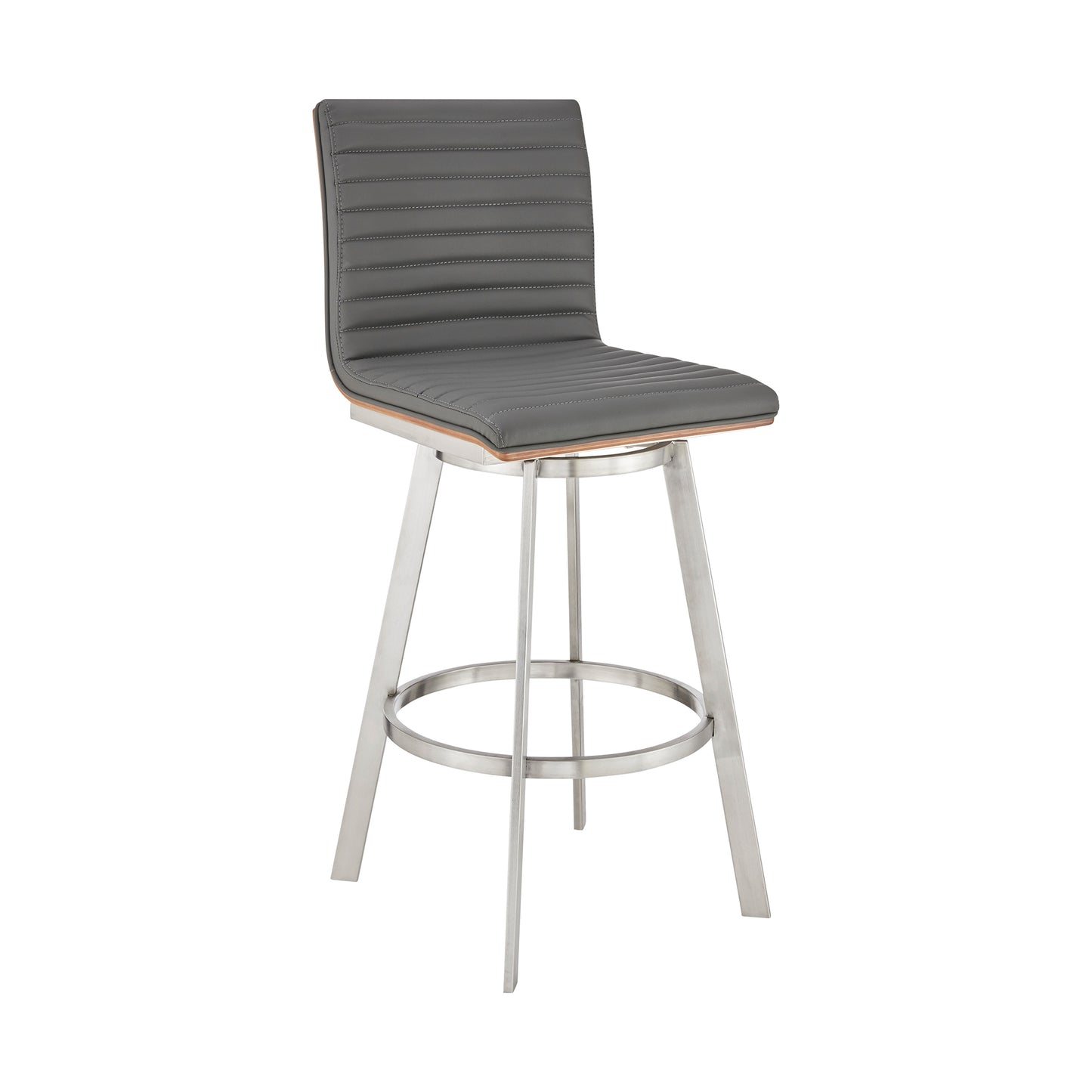 Nikole Swivel Bar Stool in Various Heights with Gray Faux Leather and Stylish Finishes