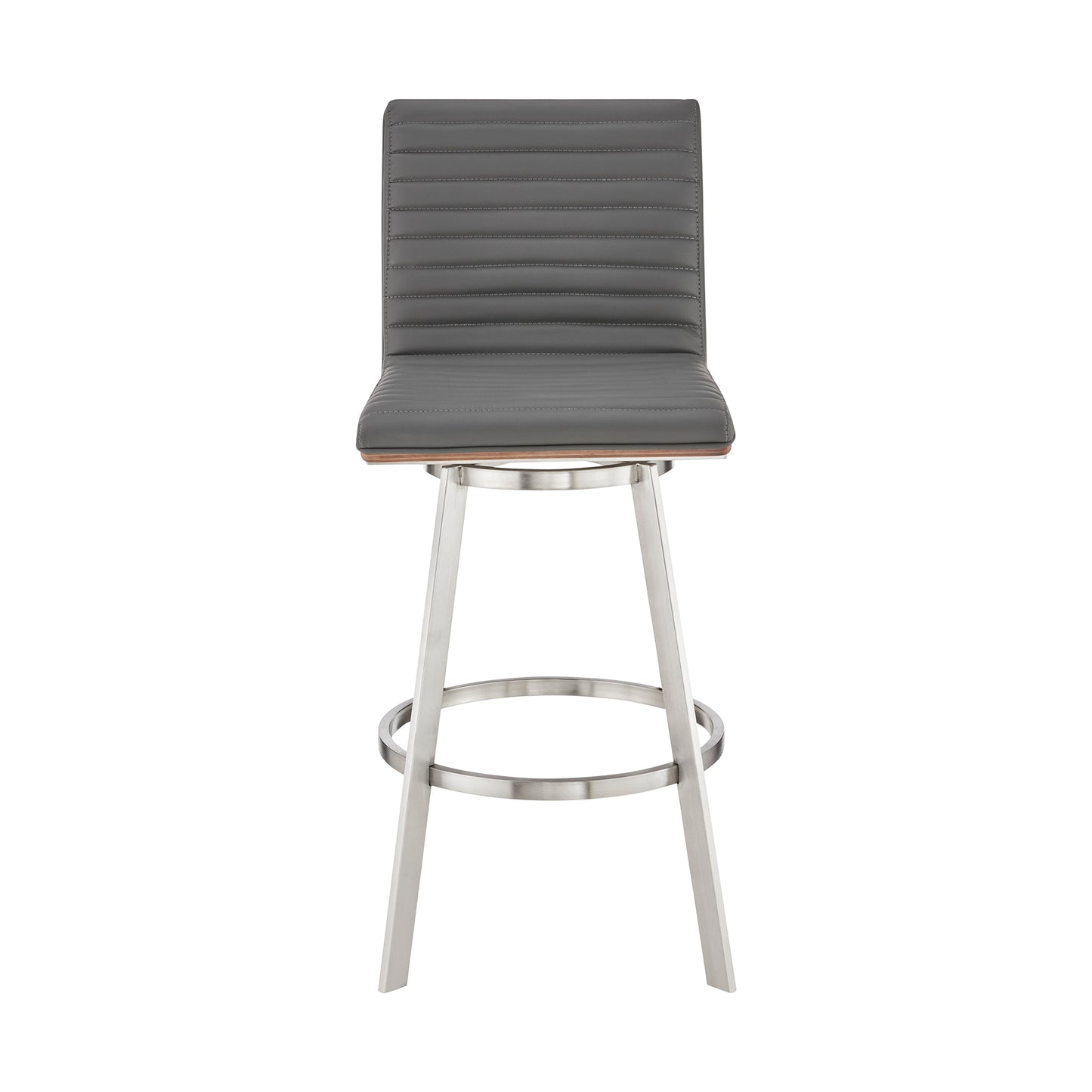 Nikole Swivel Bar Stool in Various Heights with Gray Faux Leather and Stylish Finishes