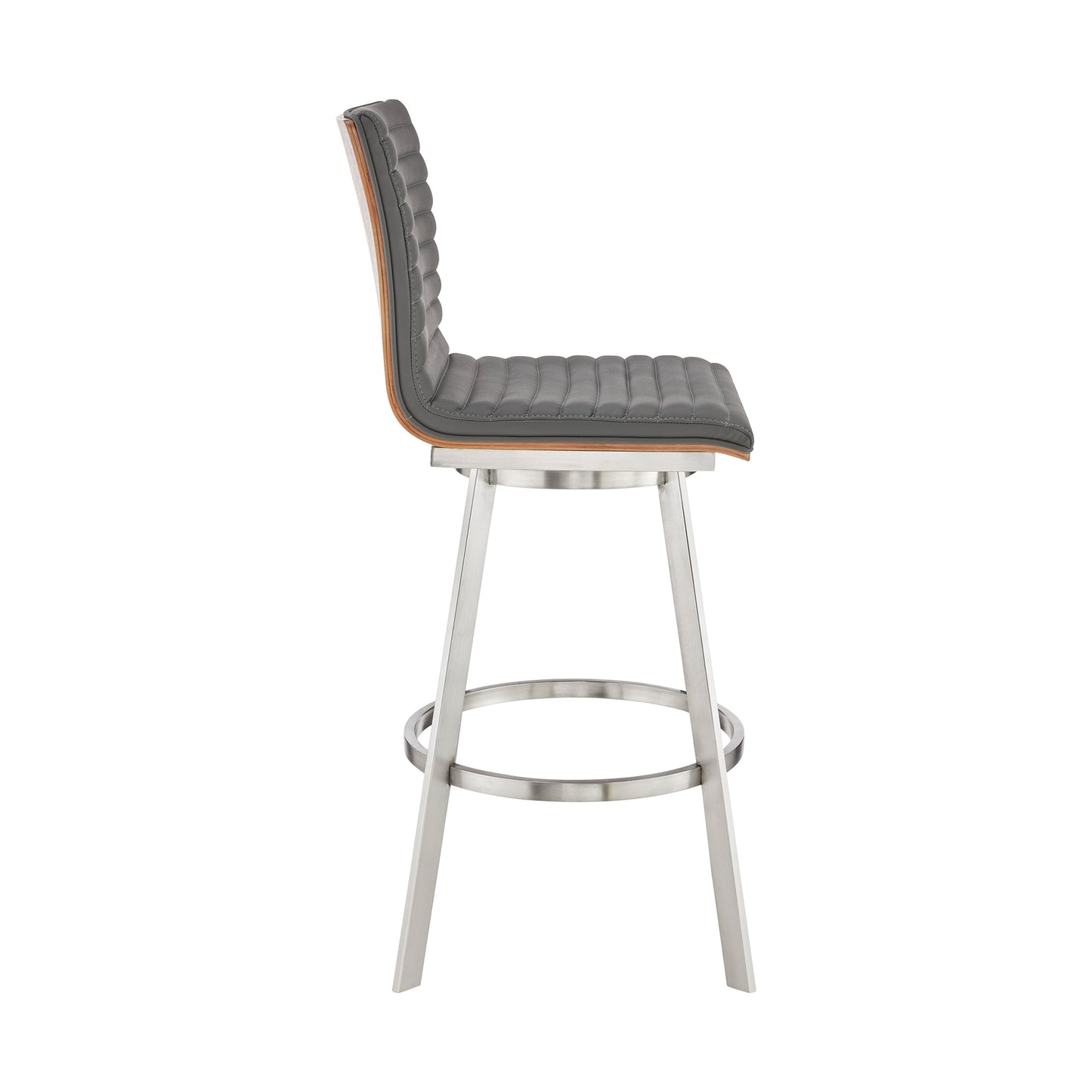 Nikole Swivel Bar Stool in Various Heights with Gray Faux Leather and Stylish Finishes
