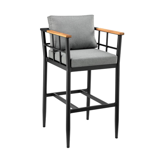 Orlando Outdoor Patio Bar Stool in Aluminum and Teak with Cushions
