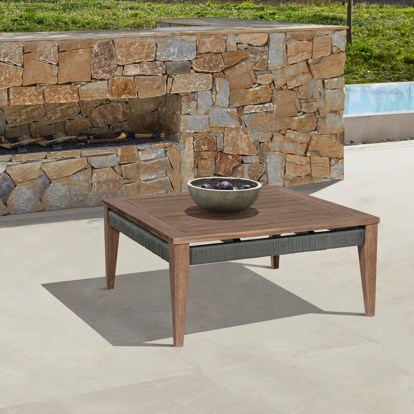Orbit Square Outdoor Patio Coffee Table in Weathered Eucalyptus Wood