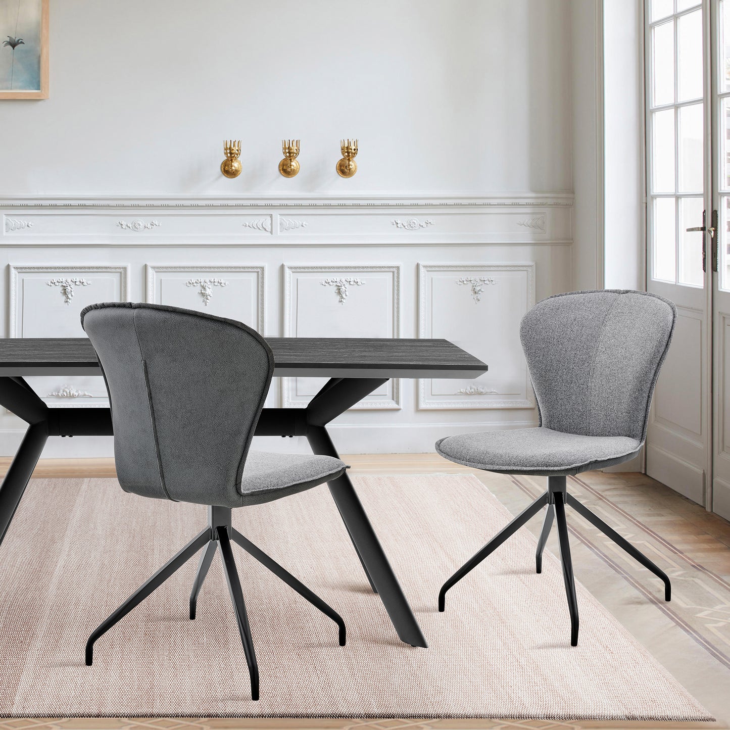 Petrie Dining Room Accent Chair in Gray Fabric and Faux Leather with Black Finish - Set of 2