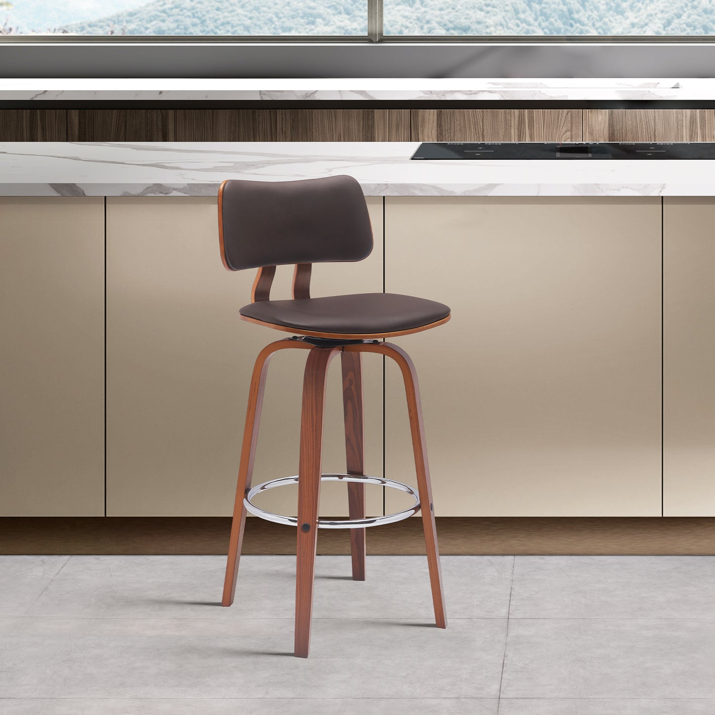 Pico 26" Swivel Walnut Wood Counter Stool in Brown Faux Leather with Chrome
