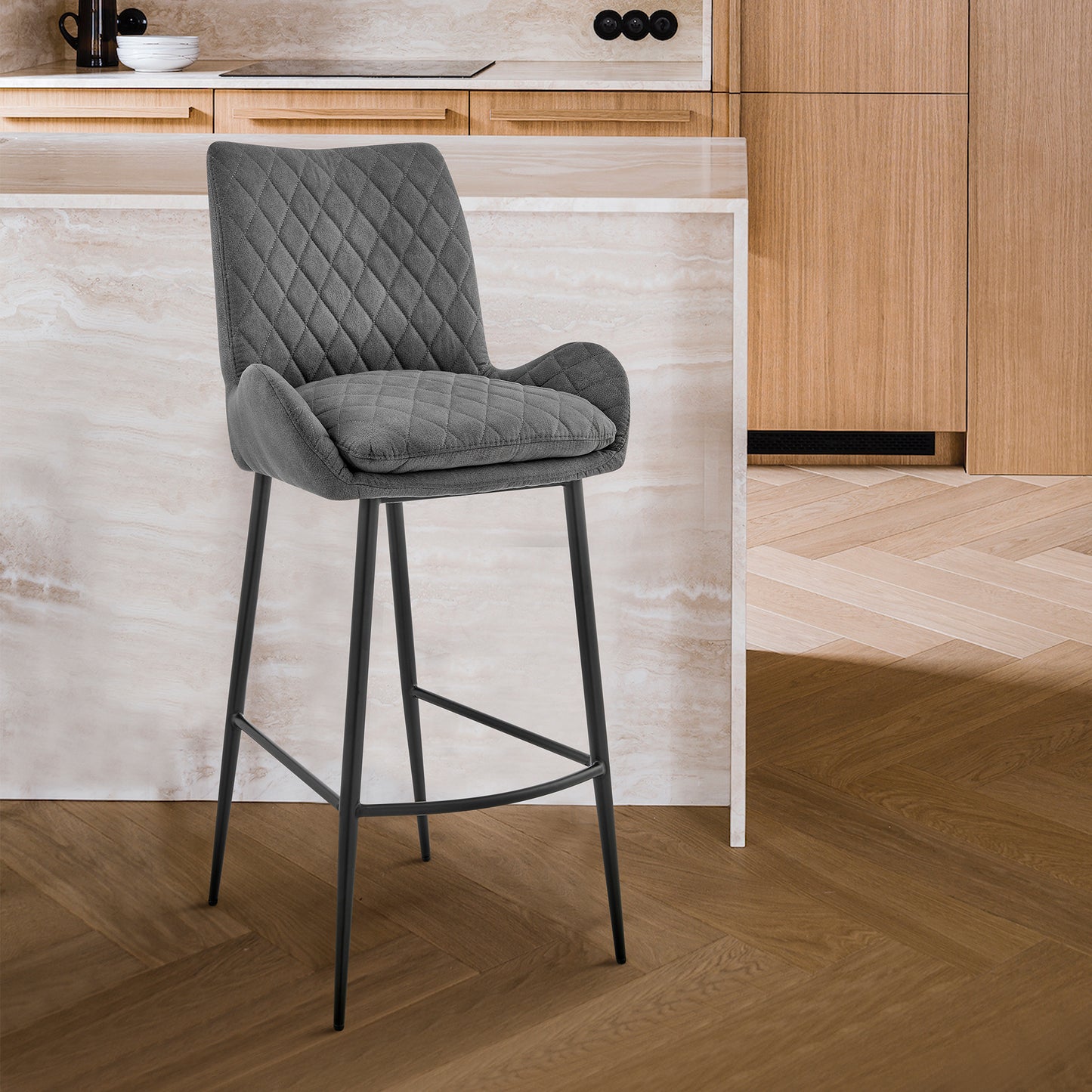 Panama Bar Height Stool in Charcoal Fabric and Black Finish