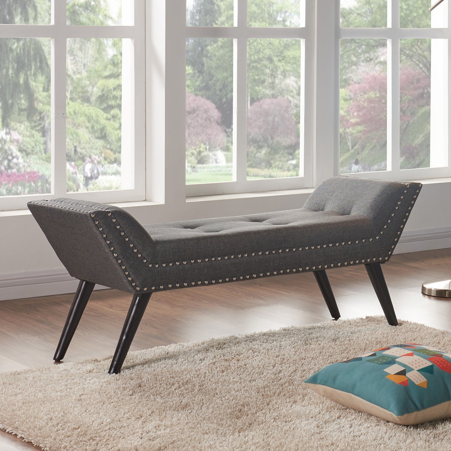 Porter Ottoman Bench in Charcoal Fabric with Nailhead Trim and Espresso Wood Legs