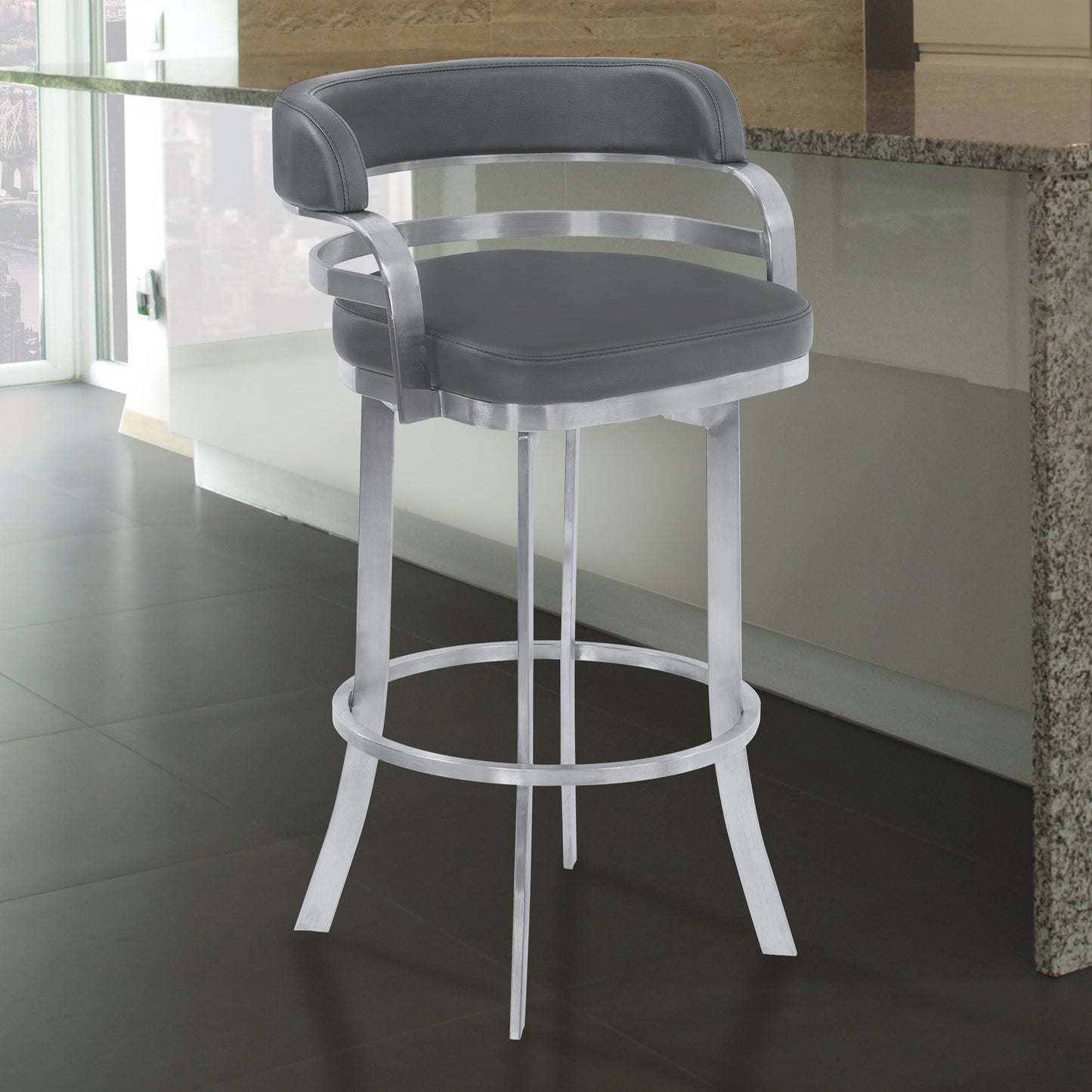 Prinz Counter and Bar Height Swivel Faux Leather Bar Stool with Brushed Stainless Steel