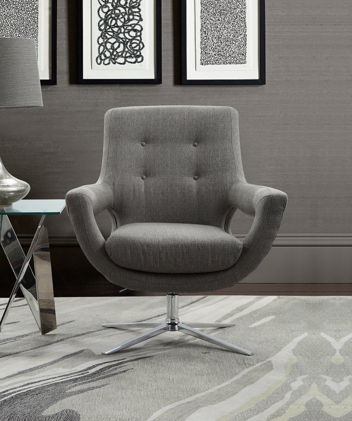 Quinn Contemporary Adjustable Swivel Accent Chair in Polished Chrome Finish with Gray Fabric