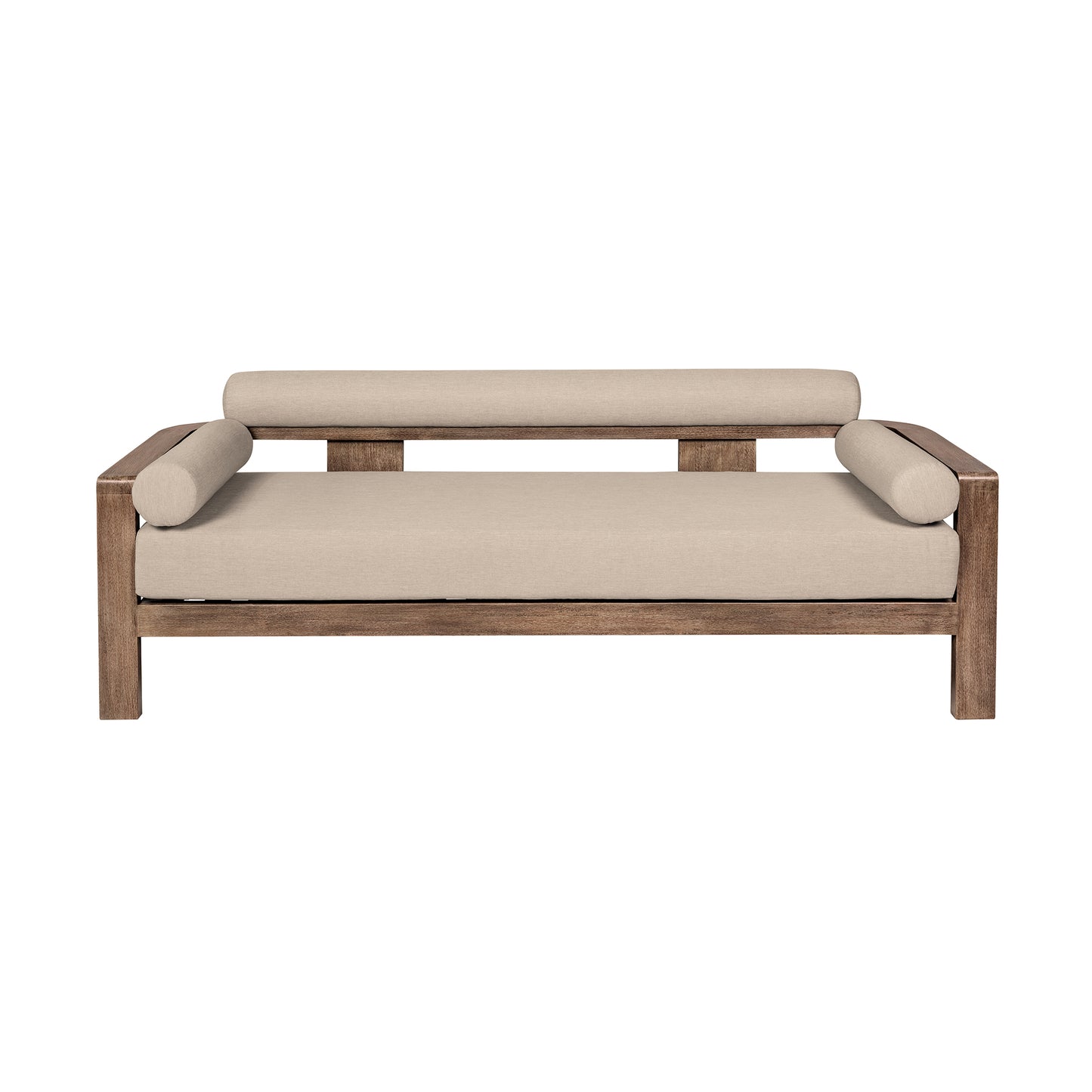 Relic Outdoor Patio Sofa in Weathered Eucalyptus Wood with Taupe Olefin Cushions