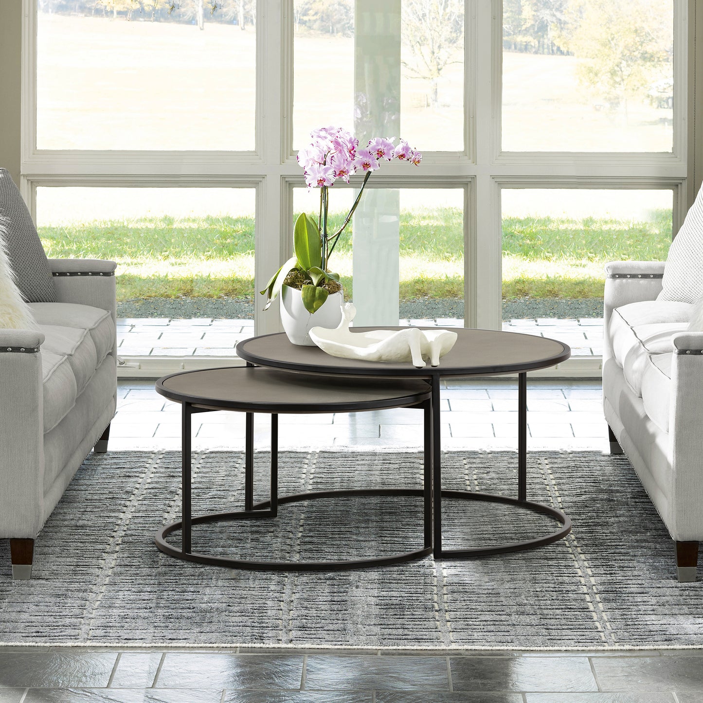 Rina Concrete and Black Metal 2 Piece Nesting Coffee Table Set