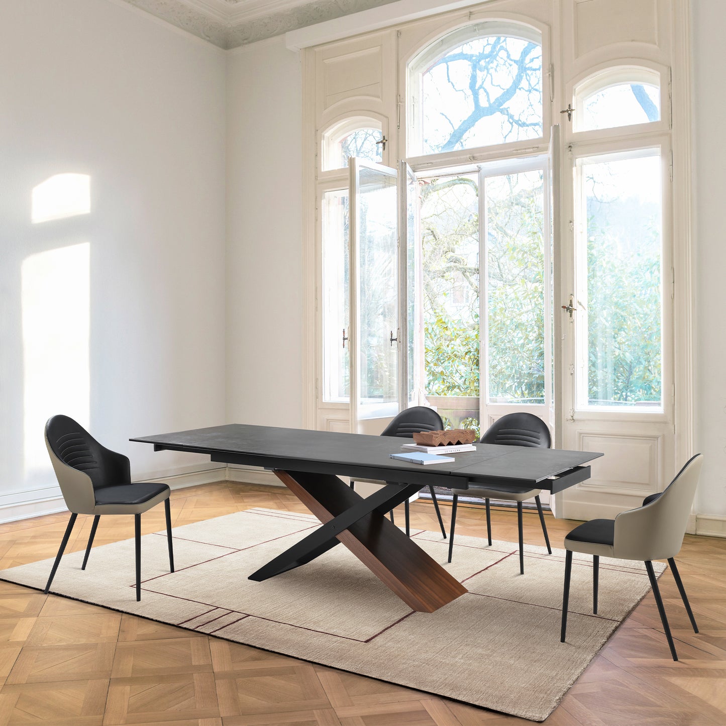 Rocco Upholstered Dining Chair in Taupe Gray and Black Faux Leather with Black Metal Legs - Set of 2