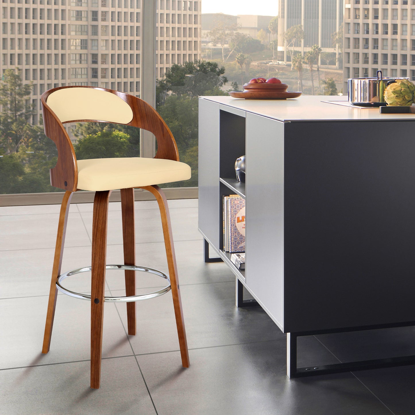 Shelly Swivel Counter and Bar Height Faux Leather and Wood Bar Stool