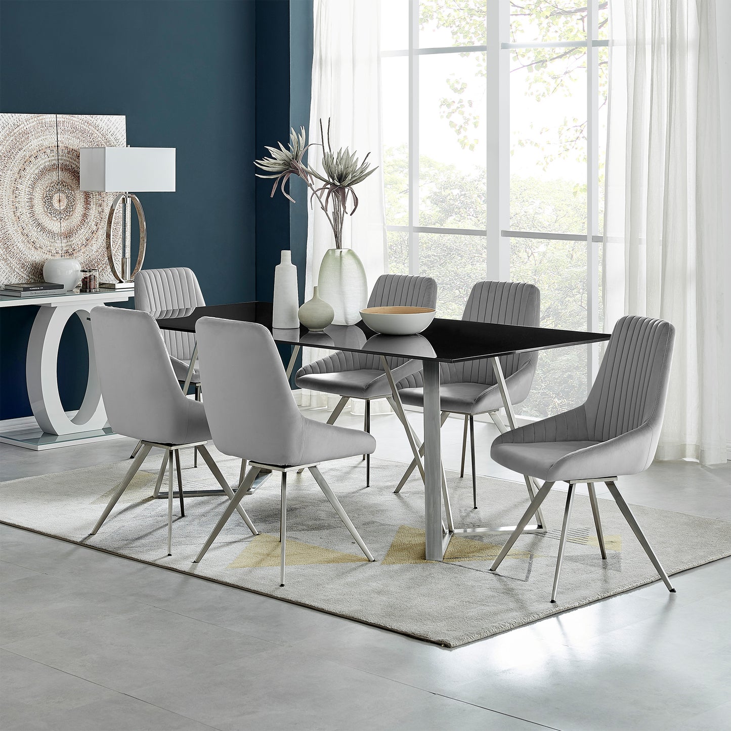 Skye Swivel Gray Velvet and Brushed Stainless Steel Dining Room Chairs - Set of 2