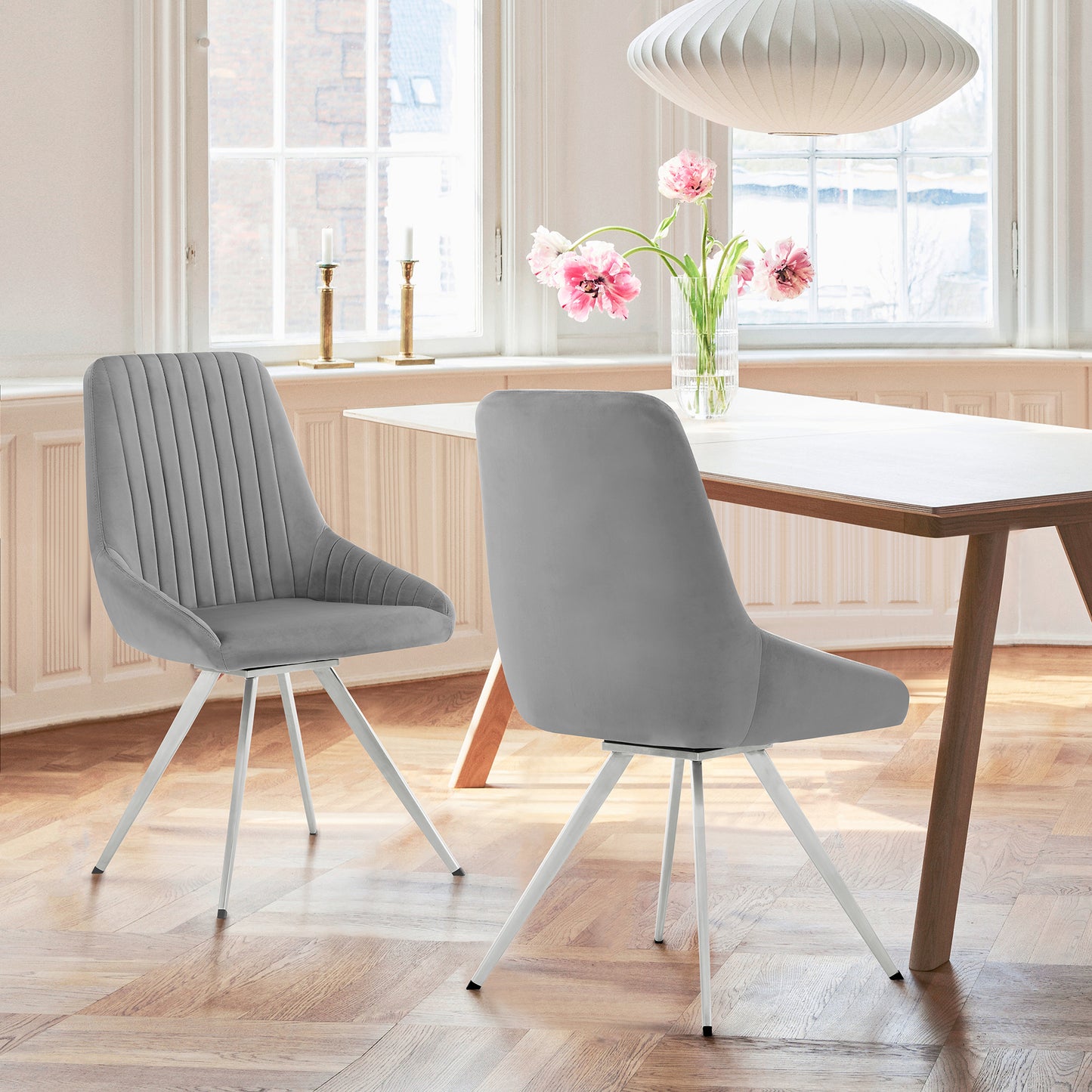 Skye Swivel Gray Velvet and Brushed Stainless Steel Dining Room Chairs - Set of 2