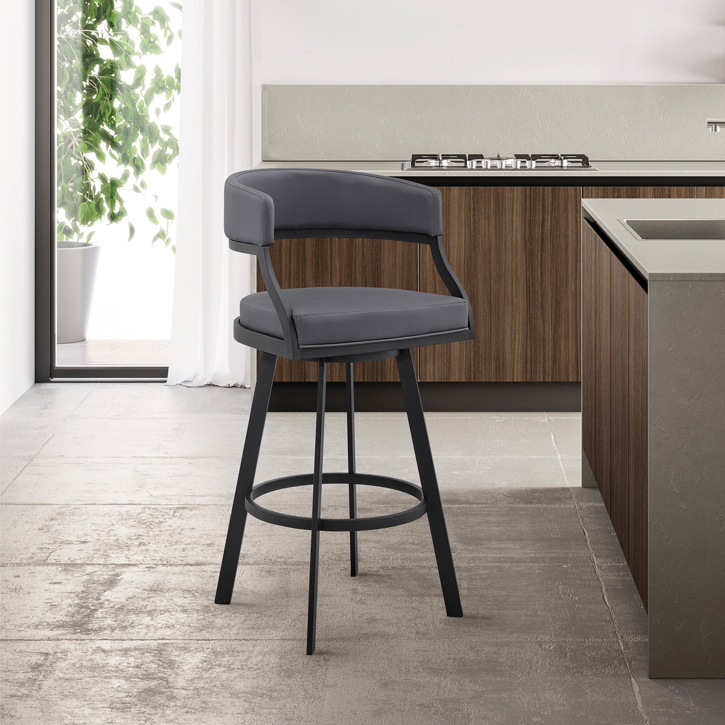 Saturn Swivel Faux Leather and Brushed Stainless Steel Bar Stool