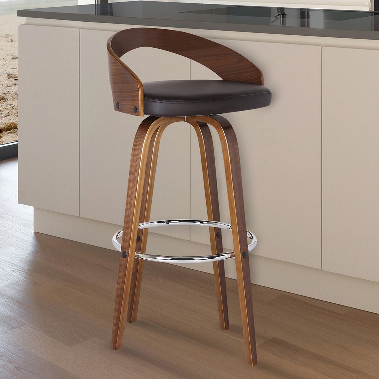 Sonia Swivel Faux Leather and Wood Bar Stool in Counter and Bar Height