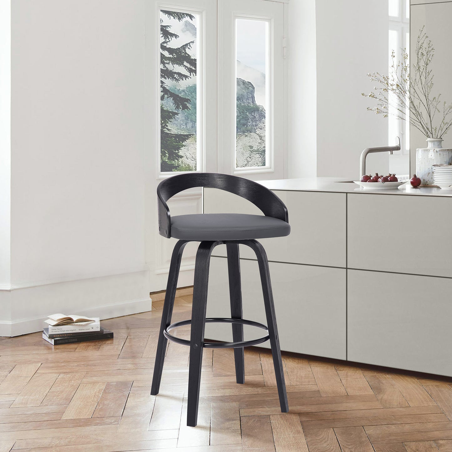 Sonia Swivel Faux Leather and Wood Bar Stool in Counter and Bar Height