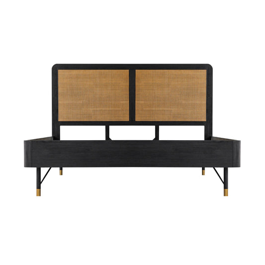 Saratoga Platform Frame Bed in Black Acacia with Rattan Headboard