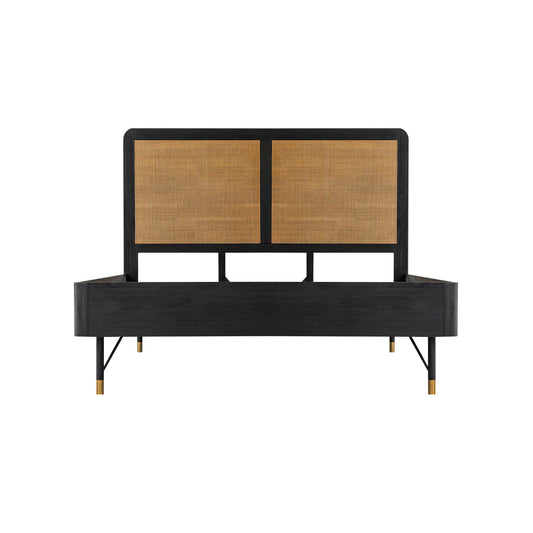 Saratoga Queen Platform Frame Bed in Black Acacia with Rattan Headboard