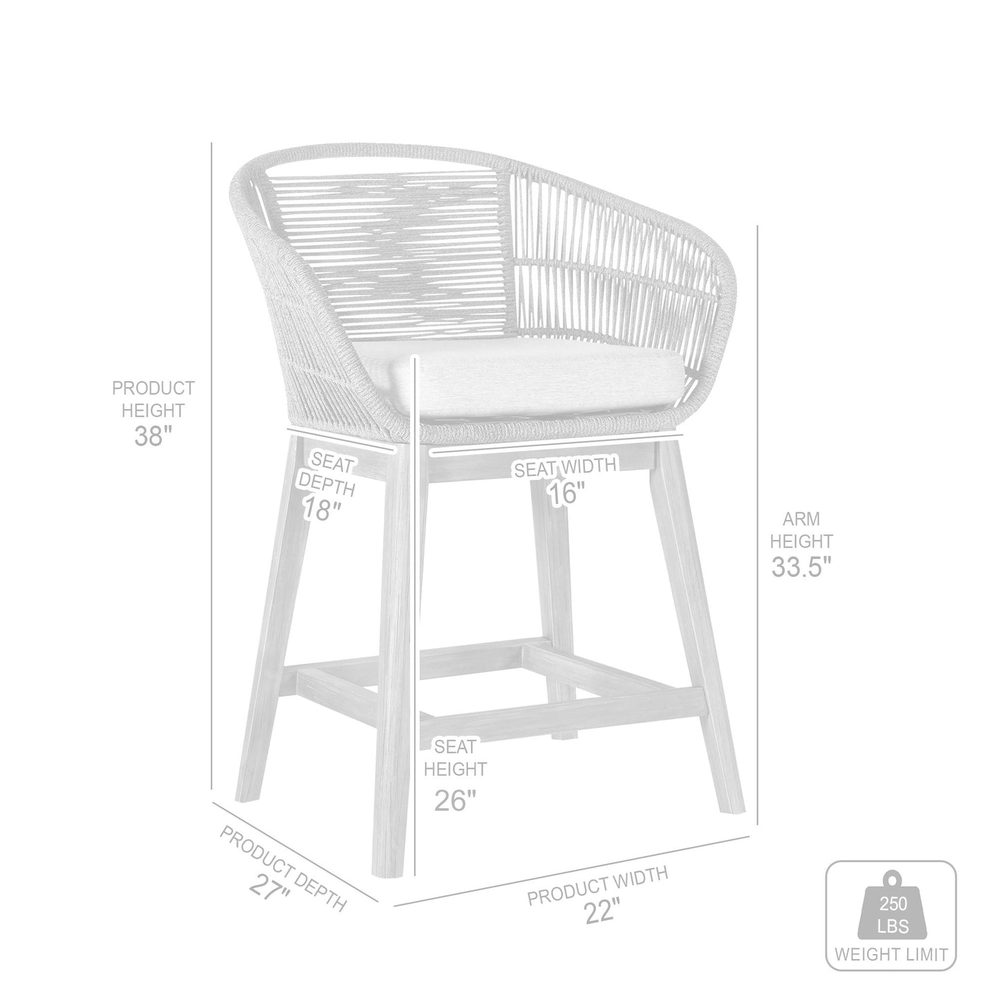 Tutti Frutti Indoor Outdoor Counter Height Bar Stool in Light Eucalyptus Wood with Gray Rope