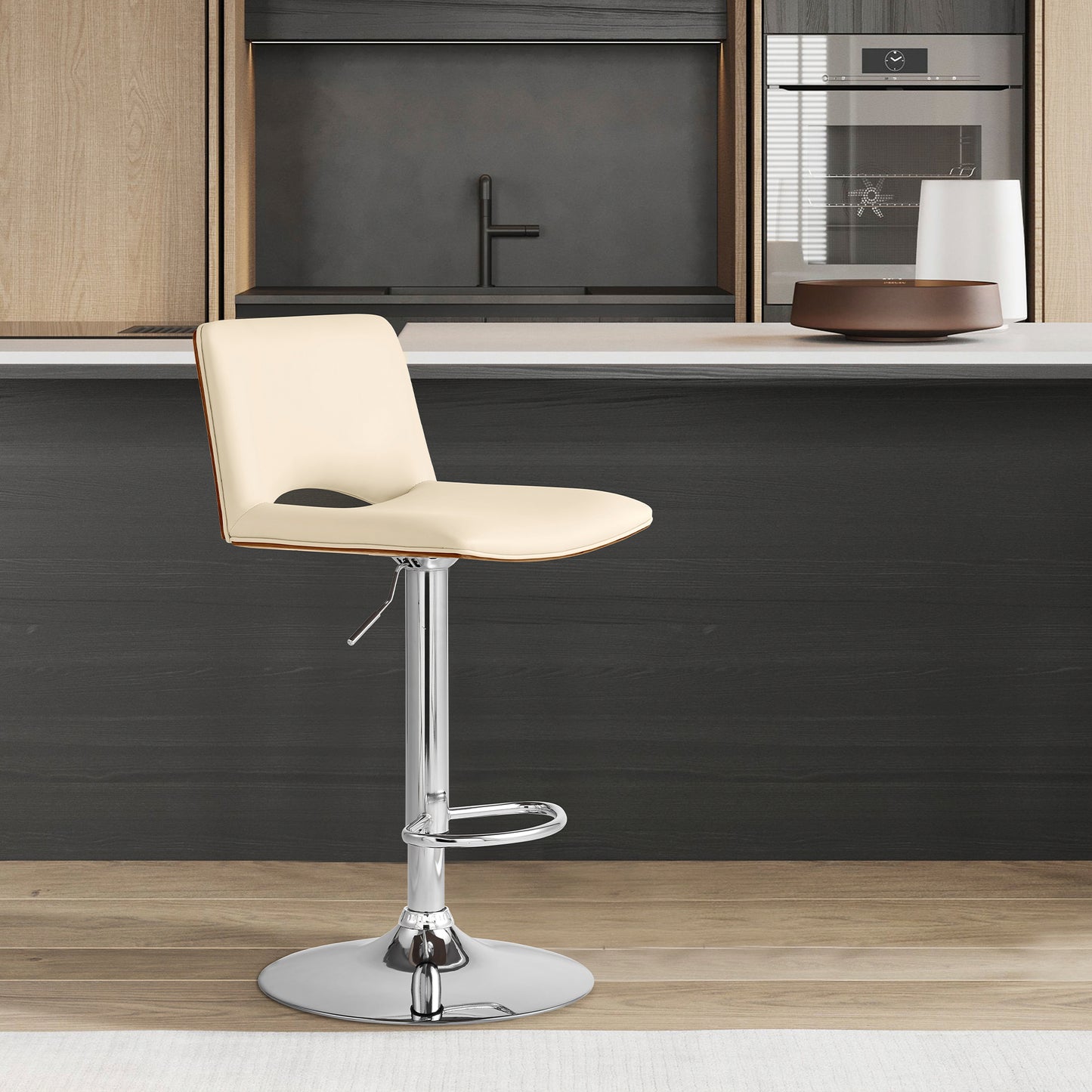 Thierry Adjustable Swivel Faux Leather Bar Stool with Walnut Back and Chrome or Black Metal