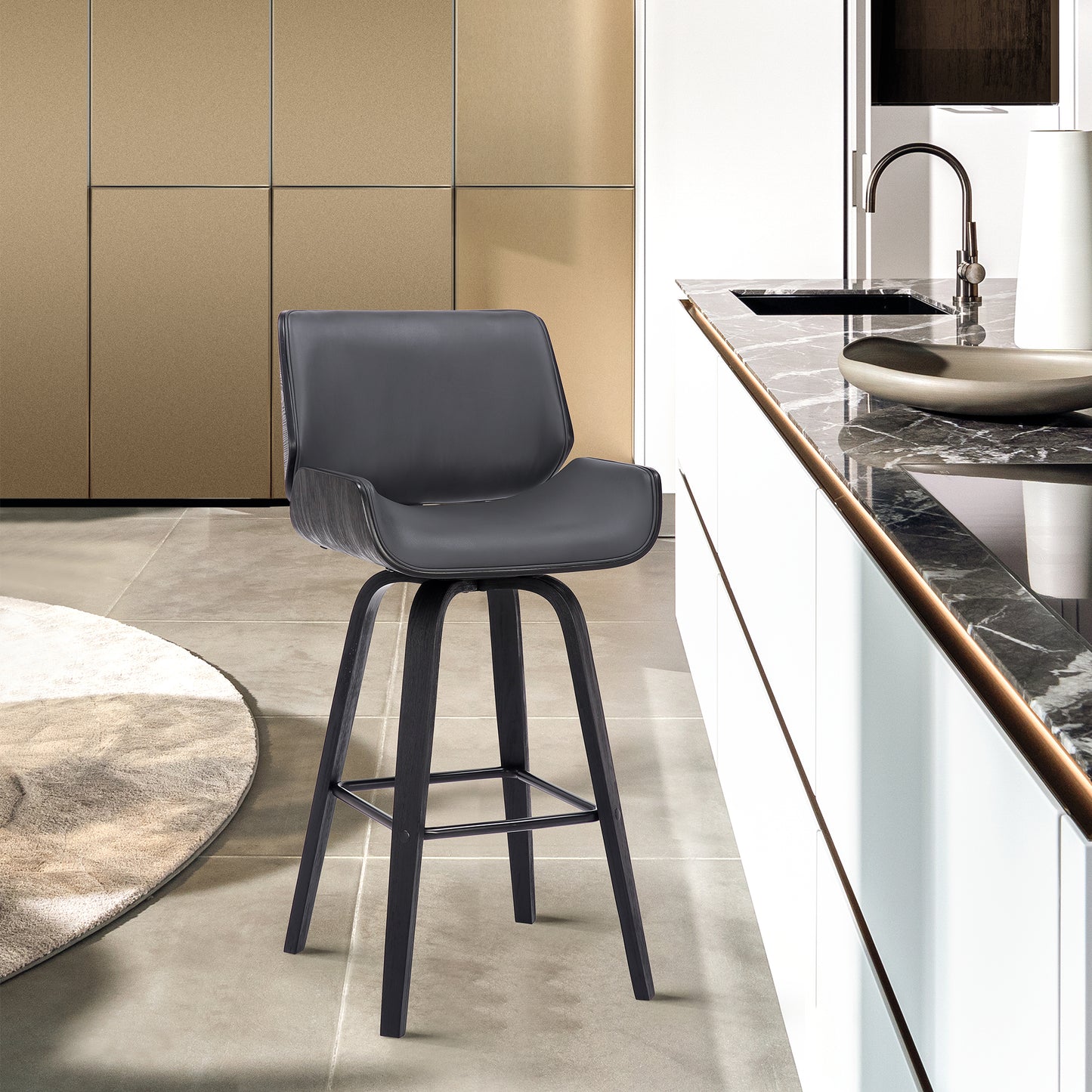 Tyler 30" Bar Height Swivel Gray Faux Leather and Black Wood Bar Stool
